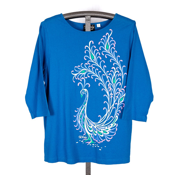 Bob Mackie Wearable Art Women's Casual Tunic Top Size 1X Colorful Peacock Whimsy - Picture 1 of 5